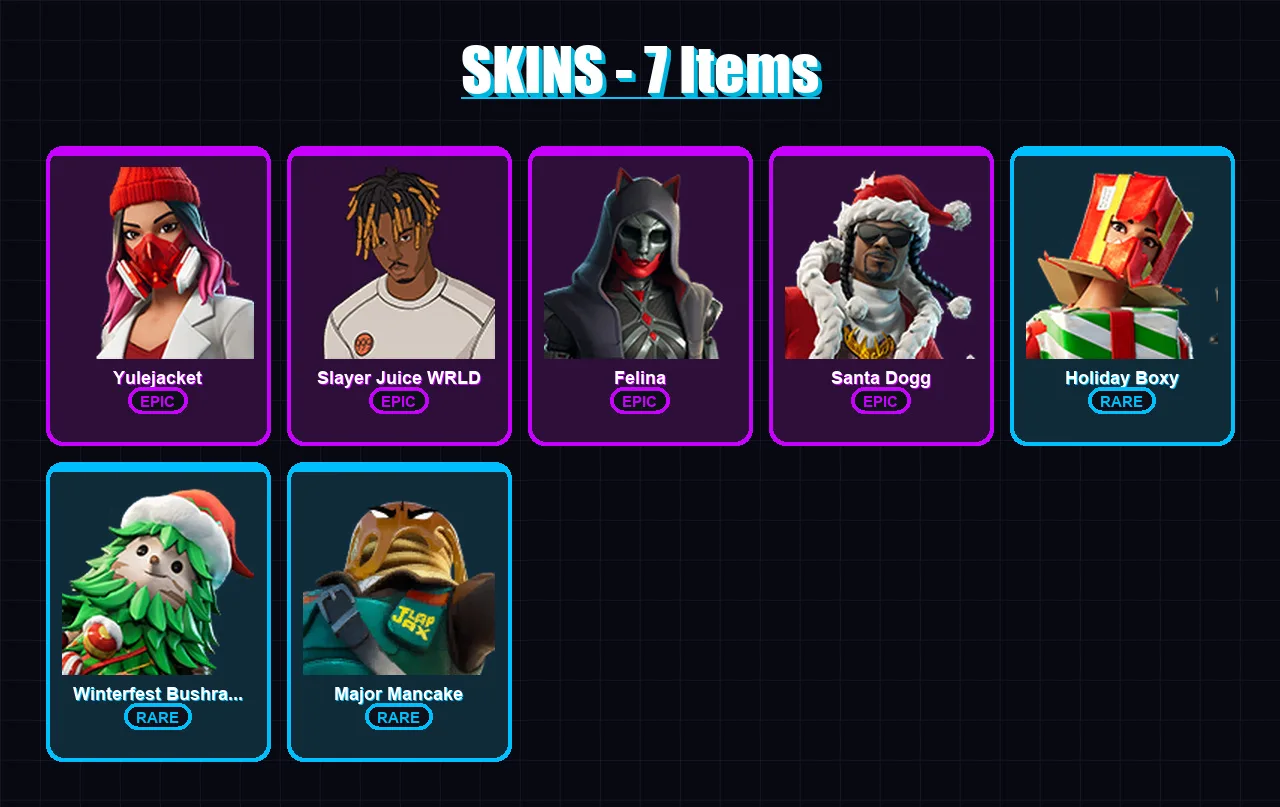 [PC/XBOX/PSN] | Yulejacket | Slayer Juice WRLD | Felina | Santa Dogg | Holiday Boxy | 7 skin | 28 pickaxe | 13 emote | 22 glider | Lv421