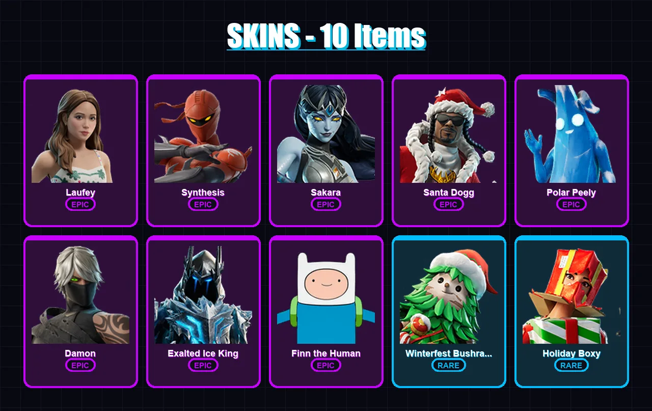 [SWITCH/PSN/PC] | Laufey | Synthesis | Sakara | Santa Dogg | Polar Peely | 10 skin | 17 pickaxe | 7 emote | 9 glider | Lv100