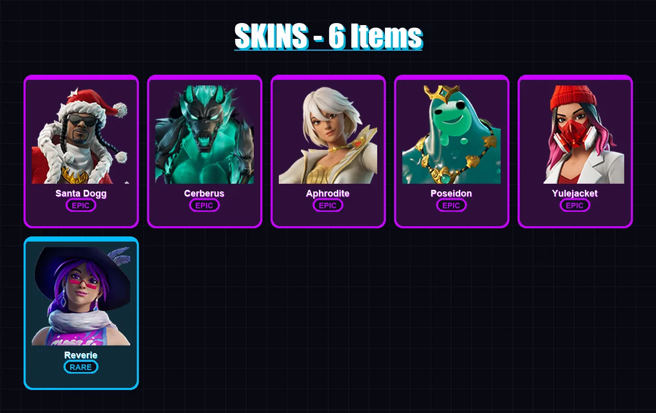 [PC] | Santa Dogg | Cerberus | Aphrodite | Poseidon | Yulejacket | 6 skin | 38 pickaxe | 16 emote | 21 glider | Lv330
