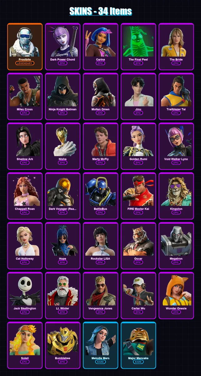 [PC] | Frostbite | Dark Power Chord | Carina | The Final Peel | The Bride | 34 skin | 42 pickaxe | 26 emote | 20 glider | Lv267 — Fortnite account
