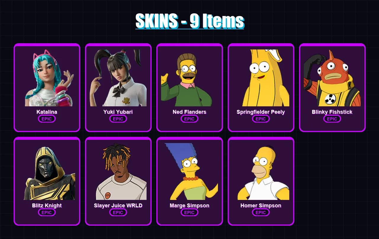 [PC/XBOX/PSN] | Katalina | Yuki Yubari | Ned Flanders | Springfielder Peely | Blinky Fishstick | 9 skin | 36 pickaxe | 15 emote | 20 glider | Lv270
