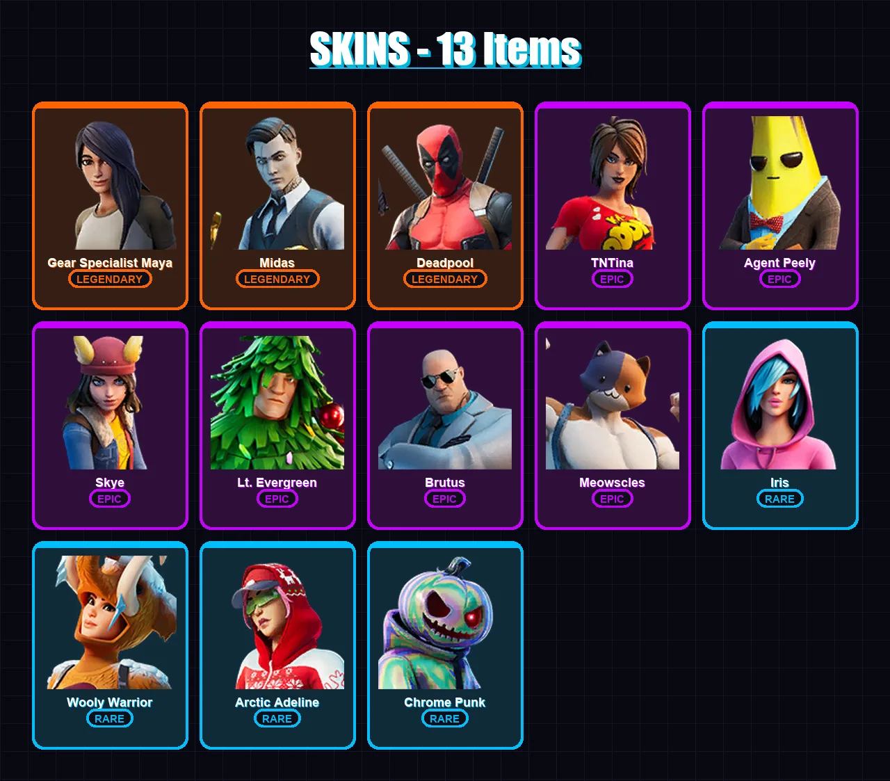 [PC/XBOX/PSN] | Gear Specialist Maya | Midas | Deadpool | TNTina | Agent Peely | 13 skin | 19 pickaxe | 26 emote | 25 glider | Lv462