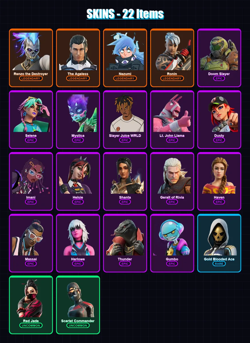 [PC/XBOX/PSN] | Renzo the Destroyer | The Ageless | Nezumi | Ronin | Doom Slayer | 22 skin | 31 pickaxe | 24 emote | 28 glider | Lv389