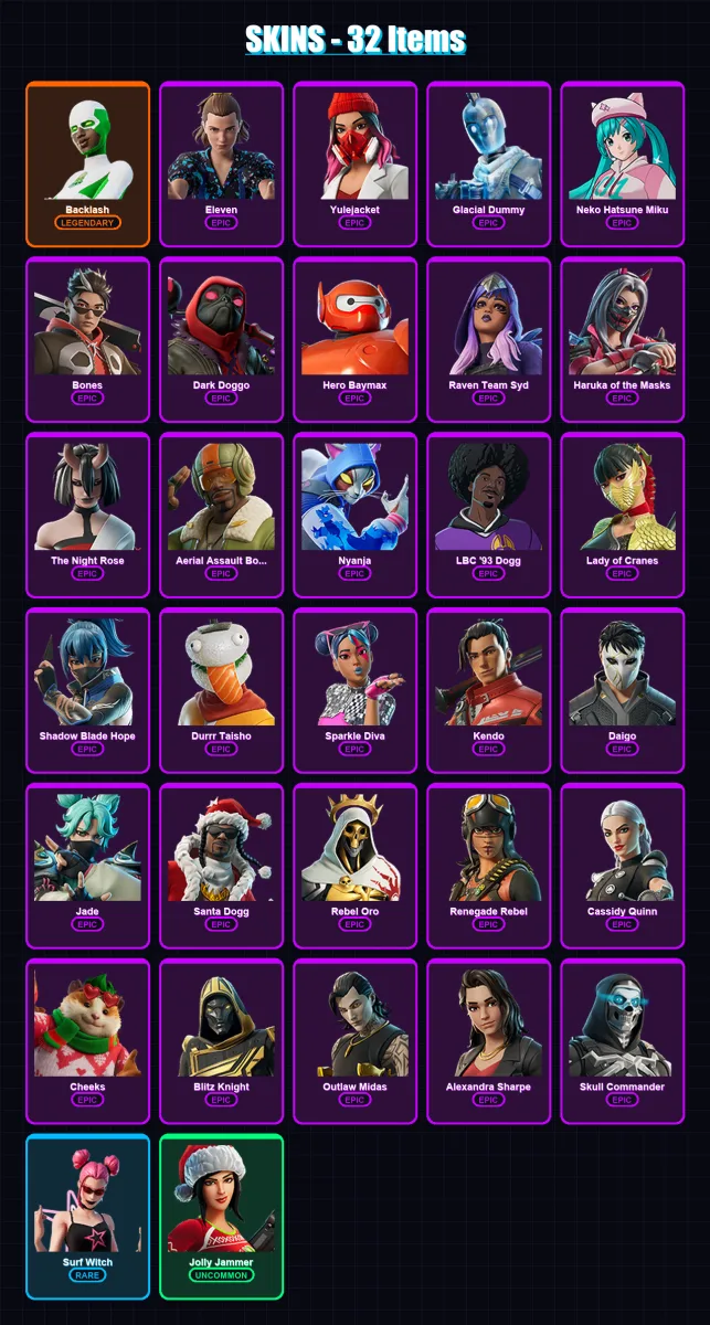 [PS4/PS5/XBOX/PC] | Backlash | Eleven | Yulejacket | Glacial Dummy | Neko Hatsune Miku | 32 skin | 62 pickaxe | 31 emote | 36 glider | Lv512