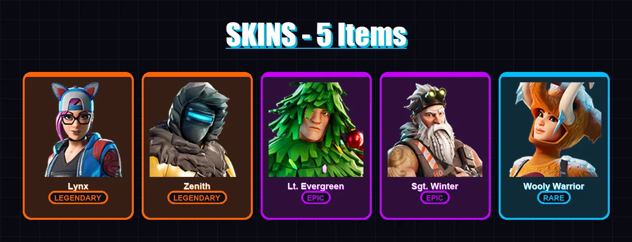 [PS4/PS5/XBOX/PC] | Lynx | Zenith | Lt. Evergreen | Sgt. Winter | Wooly Warrior | 5 skin | 8 pickaxe | 7 emote | 10 glider | Lv86