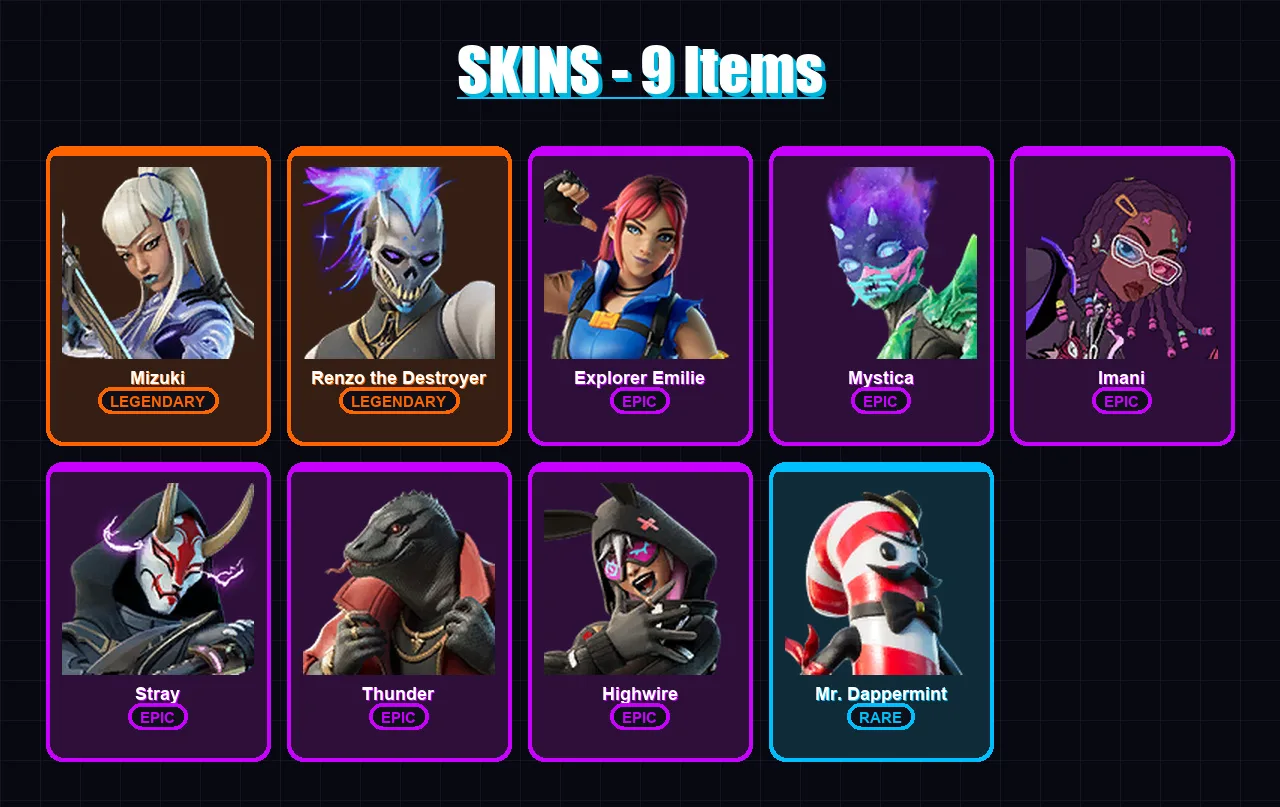 [SWITCH/XBOX/PSN/PC] | Mizuki | Renzo the Destroyer | Explorer Emilie | Mystica | Imani | 9 skin | 12 pickaxe | 10 emote | 16 glider | Lv210