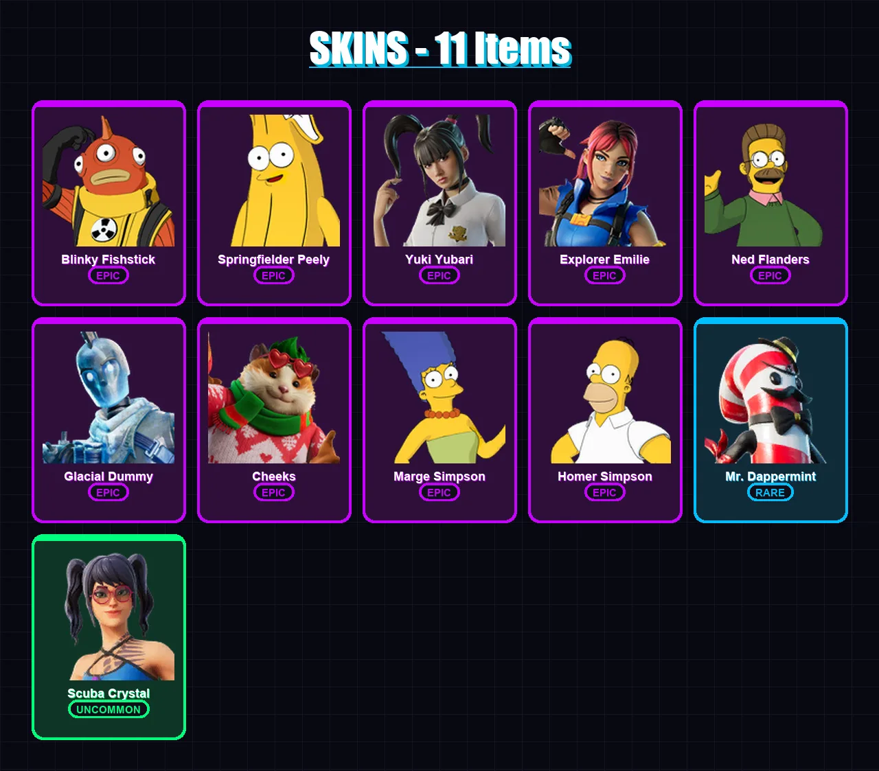 [PC/XBOX/PSN] | Blinky Fishstick | Springfielder Peely | Yuki Yubari | 11 skin | Lv223