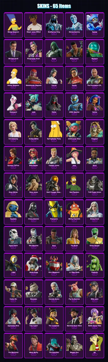 [PC/XBOX/PSN] | Marge Simpson | Slayer Juice WRLD | Exalted Ice King | Glacial Dummy | Nyanja | 65 skin | 101 pickaxe | 72 emote | 70 glider | Lv799