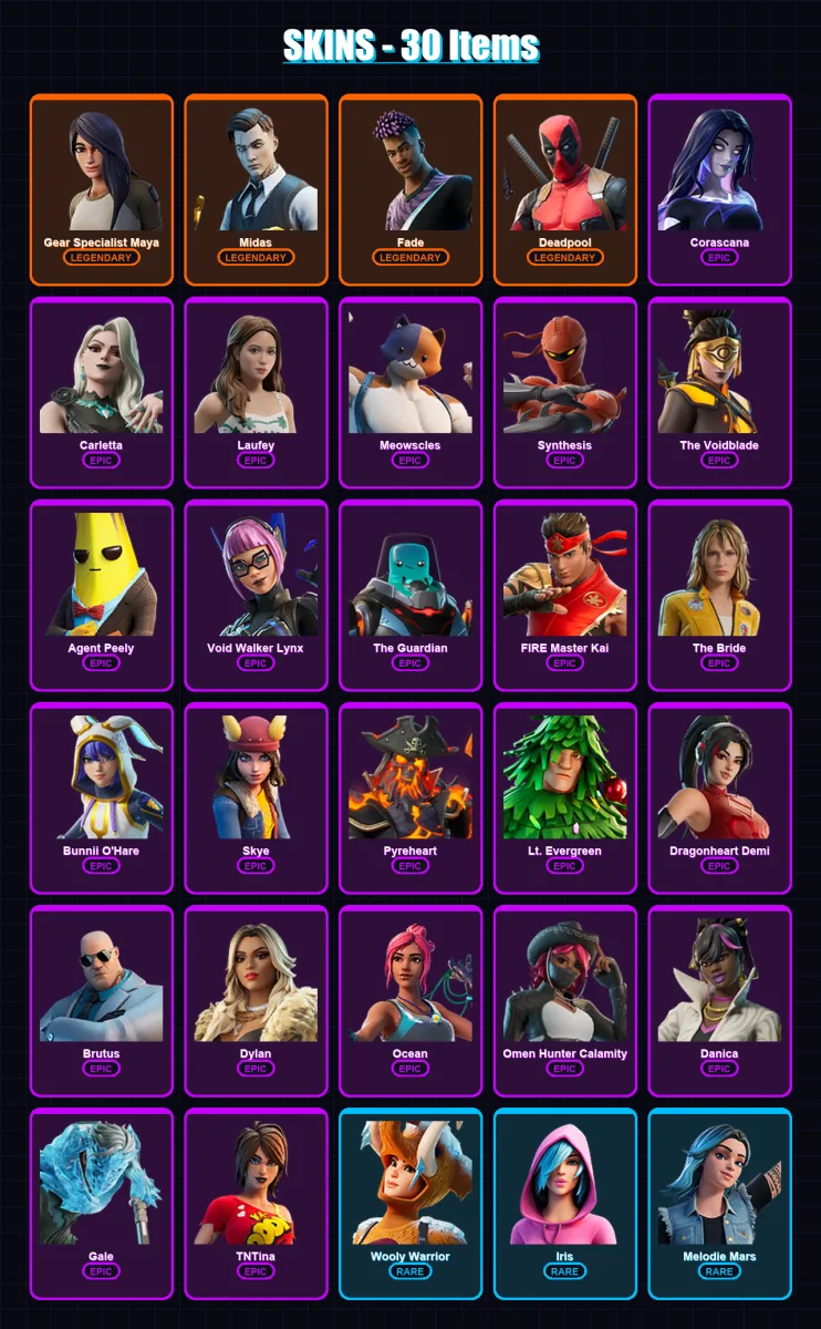 [PC/XBOX/PSN] | Gear Specialist Maya | Midas | Fade | Deadpool | Corascana | 30 skin | 32 pickaxe | 22 emote | 21 glider | Lv272