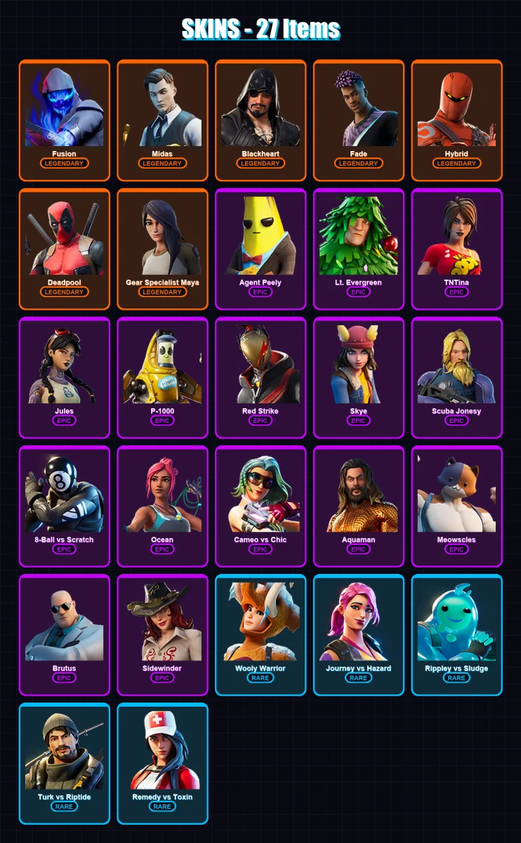 [PC/XBOX/PSN] | Fusion | Midas | Blackheart | Fade | Hybrid | 27 skin | 26 pickaxe | 30 emote | 33 glider | Lv335