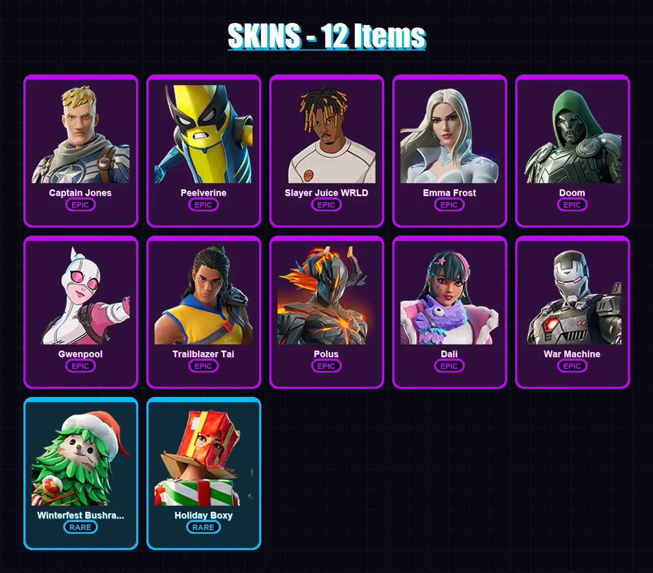 [PC/XBOX/PSN] | Captain Jones | Peelverine | Slayer Juice WRLD | Emma Frost | Doom | 12 skin | 23 pickaxe | 15 emote | 16 glider | Lv194