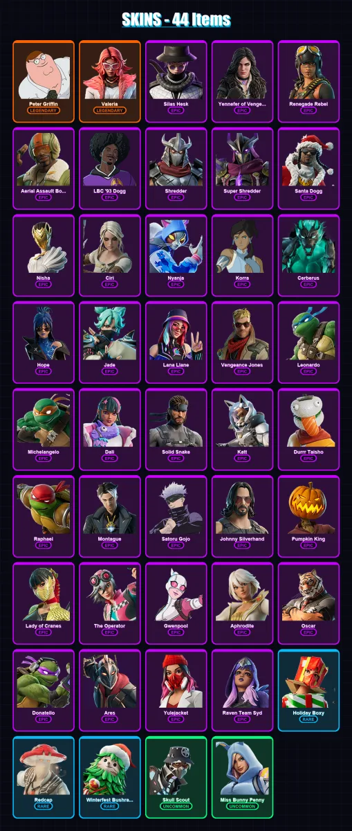 [PC/PSN] | Peter Griffin | Valeria | Silas Hesk | Yennefer of Vengerberg | Renegade Rebel | 44 skin | 56 pickaxe | 32 emote | 30 glider | Lv332