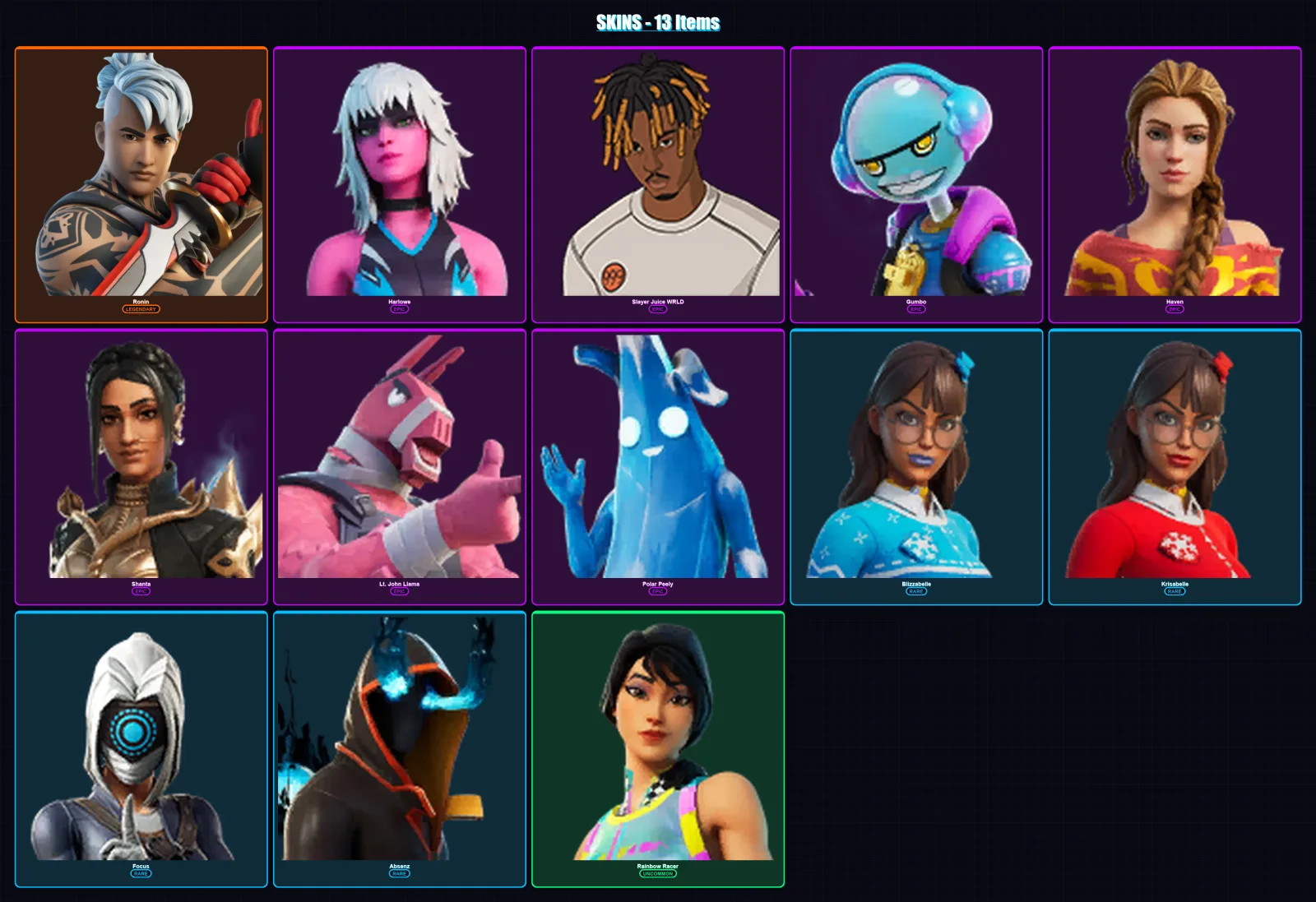 [PC/XBOX/PSN] | Ronin | Harlowe | Slayer Juice WRLD | Gumbo | Haven | 13 skin | 23 pickaxe | 13 emote | 22 glider | Lv264