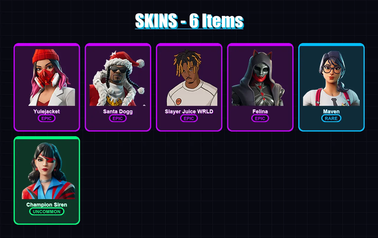 [PC/XBOX/PSN] | Yulejacket | Santa Dogg | Slayer Juice WRLD | Felina | Maven | 6 skin | 24 pickaxe | 14 emote | 19 glider | Lv630