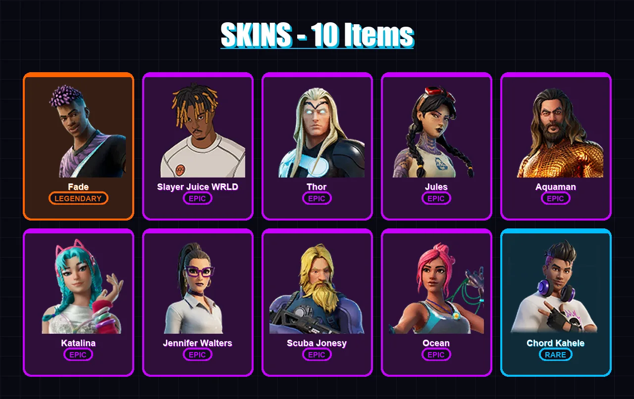 [PC/XBOX/PSN] | Fade | Slayer Juice WRLD | Thor | Jules | Aquaman | 10 skin | 15 pickaxe | 9 emote | 12 glider | Lv125