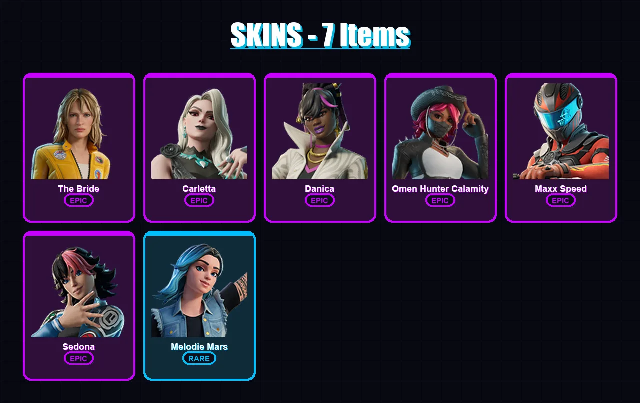 [PC/PSN] | The Bride | Carletta | Danica | Omen Hunter Calamity | Maxx Speed | 7 skin | 4 pickaxe | 2 emote | 1 glider | Lv17
