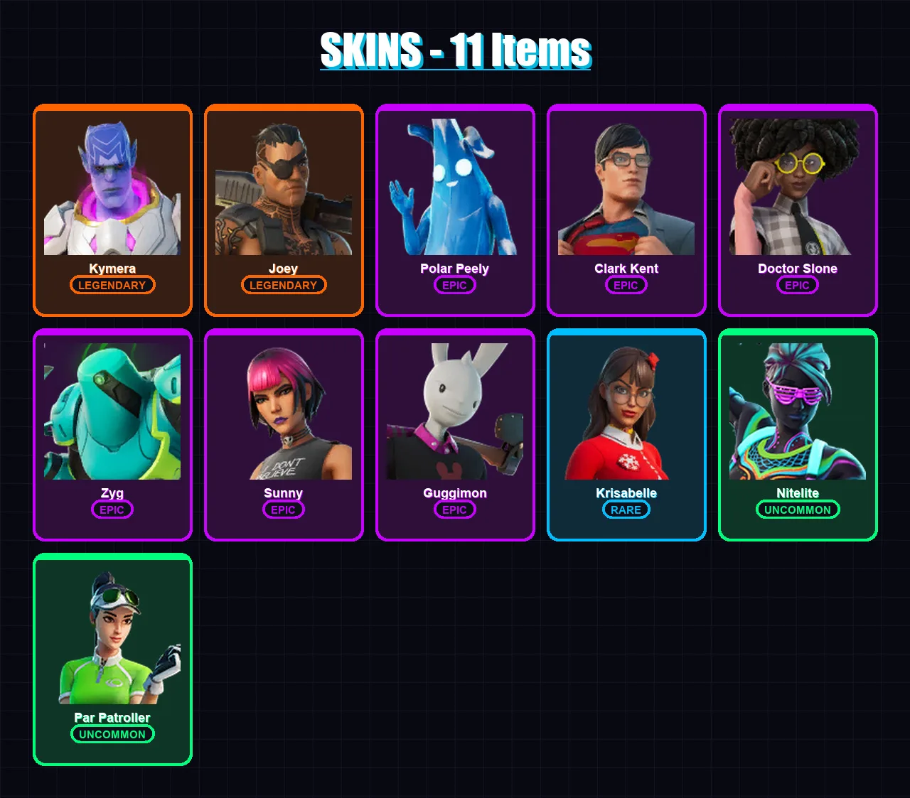 [PC/XBOX/PSN] | Kymera | Joey | Polar Peely | Clark Kent | Doctor Slone | 11 skin | 19 pickaxe | 20 emote | 19 glider | Lv330
