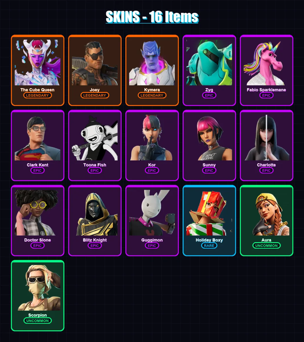 [PC/XBOX/PSN] | The Cube Queen | Joey | Kymera | Zyg | Fabio Sparklemane | 16 skin | 21 pickaxe | 25 emote | 21 glider | Lv325