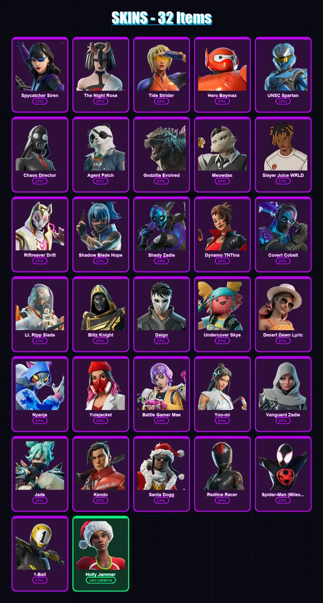 [PC/PSN] | Spycatcher Siren | The Night Rose | Tide Strider | Hero Baymax | UNSC Spartan | 32 skin | 73 pickaxe | 39 emote | 42 glider | Lv581