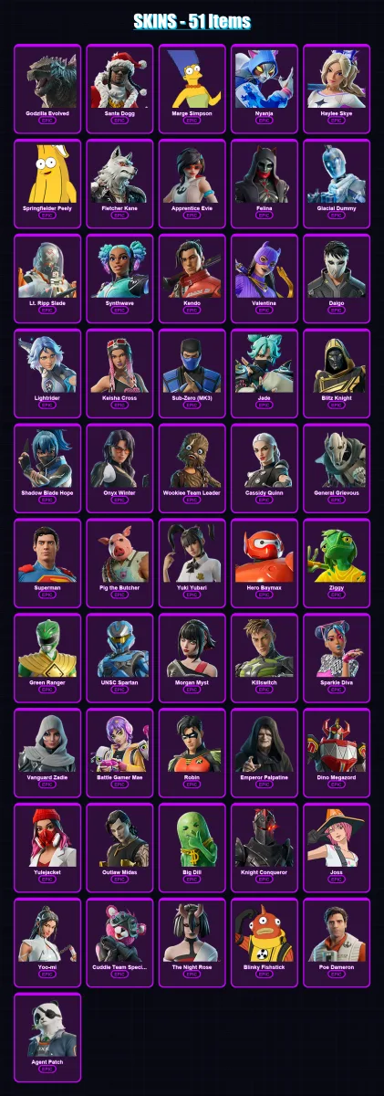 [PC/XBOX/PSN] | Godzilla Evolved | Santa Dogg | Marge Simpson | Nyanja | Haylee Skye | 51 skin | 96 pickaxe | 60 emote | 60 glider | Lv949 — Fortnite account