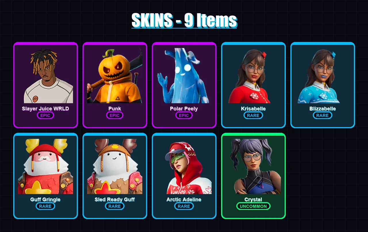 [PC/XBOX/PSN] | Slayer Juice WRLD | Punk | Polar Peely | Krisabelle | Blizzabelle | 9 skin | 22 pickaxe | 22 emote | 19 glider | Lv317