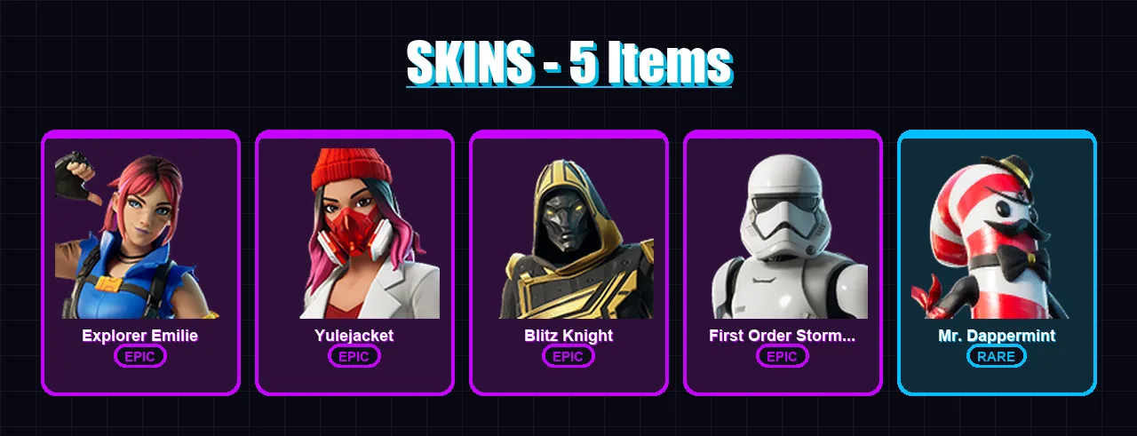 [PC] | Explorer Emilie | Yulejacket | Blitz Knight | First Order Stormtrooper | Mr. Dappermint | 5 skin | 11 pickaxe | 3 emote | 7 glider | Lv54