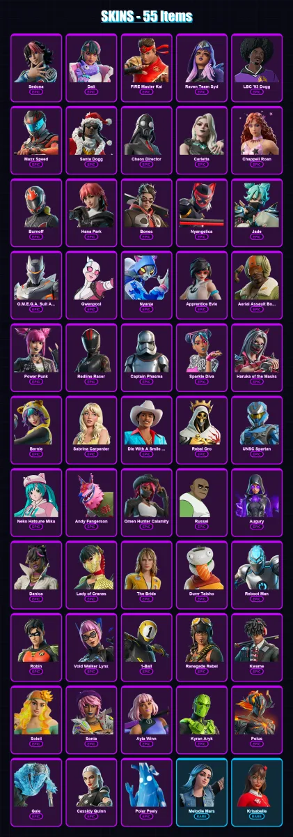 [PC/PSN] | Sedona | Dali | FIRE Master Kai | Raven Team Syd | LBC '93 Dogg | 55 skin | 45 pickaxe | 16 emote | 17 glider | Lv111 — Fortnite account