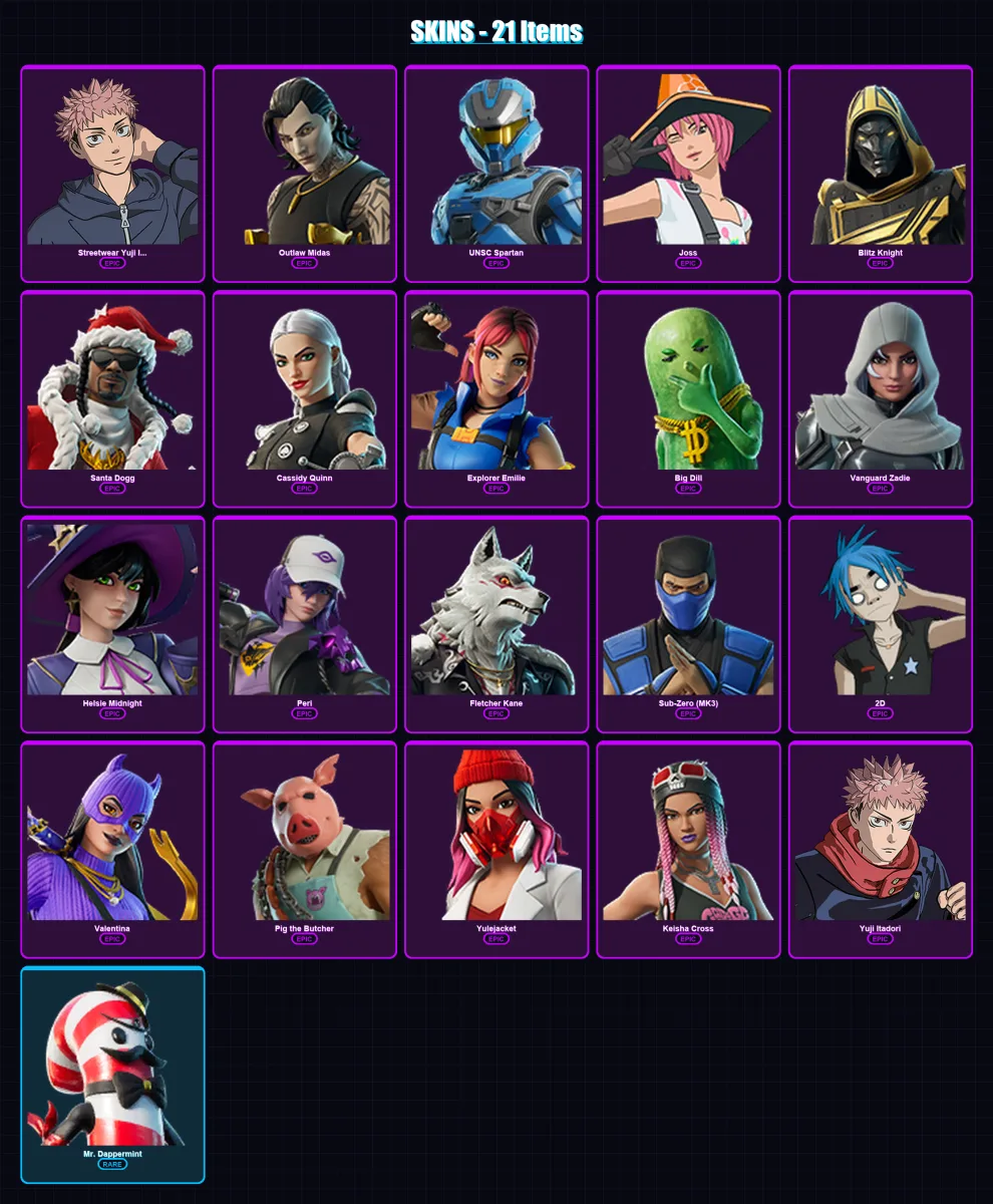 [PC/XBOX] | Streetwear Yuji Itadori | Outlaw Midas | UNSC Spartan | Joss | Blitz Knight | 21 skin | 71 pickaxe | 31 emote | 44 glider | Lv577