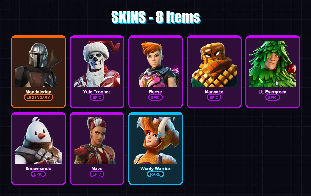 [SWITCH/XBOX/PSN/PC] | Mandalorian | Yule Trooper | Reese | Mancake | Lt. Evergreen | 8 skin | 17 pickaxe | 22 emote | 20 glider | Lv396