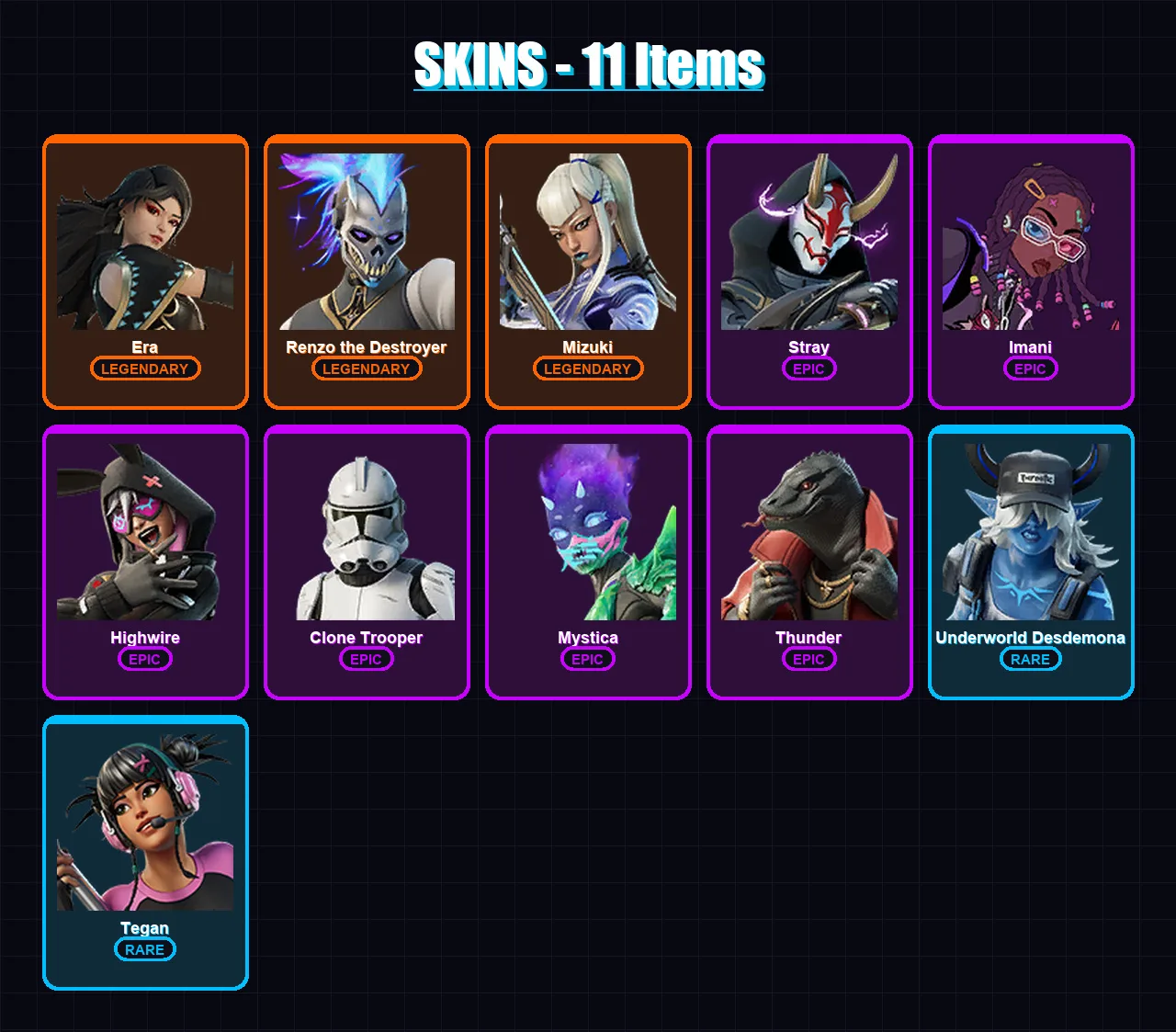 [PC/XBOX] | Era | Renzo the Destroyer | Mizuki | Stray | Imani | 11 skin | 13 pickaxe | 14 emote | 12 glider | Lv146