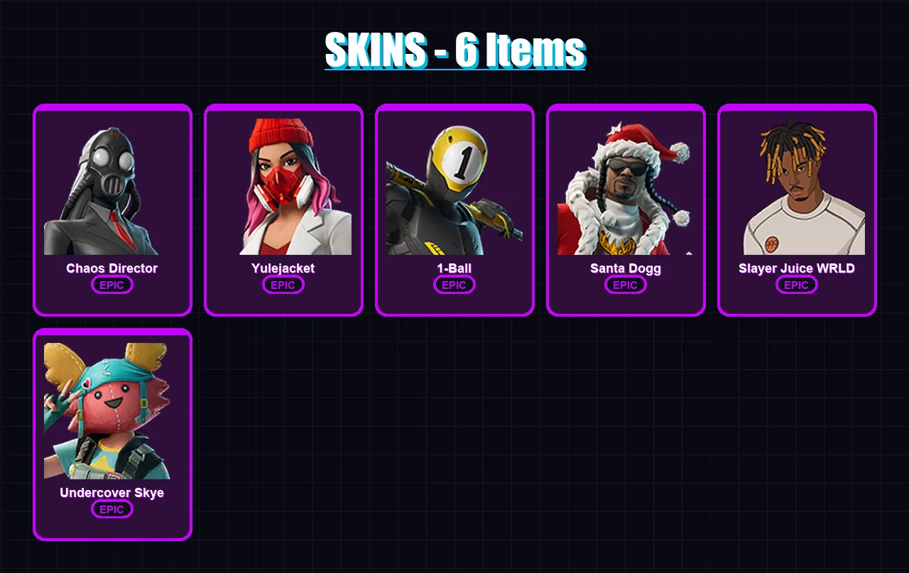 [PC/XBOX/PSN] | Chaos Director | Yulejacket | 1-Ball | Santa Dogg | Slayer Juice WRLD | 6 skin | 23 pickaxe | 7 emote | 11 glider | Lv97