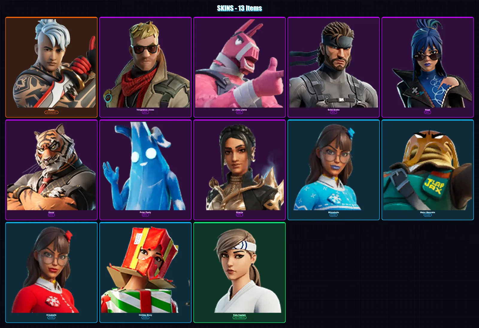 [PC/XBOX] | Ronin | Vengeance Jones | Lt. John Llama | Solid Snake | Hope | 13 skin | 15 pickaxe | 15 emote | 14 glider | Lv110