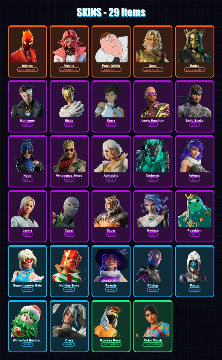 [PC/XBOX] | Inferno | Valeria | Peter Griffin | Zeus | Hades | 29 skin | 36 pickaxe | 26 emote | 20 glider | Lv493
