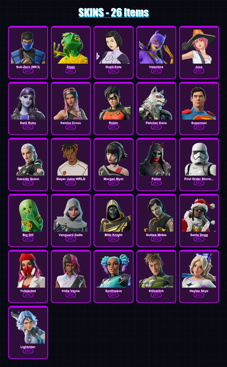 [PC/XBOX/PSN] | Sub-Zero (MK3) | Ziggy | Dupli-Kate | Valentina | Joss | 26 skin | 73 pickaxe | 39 emote | 52 glider | Lv2080