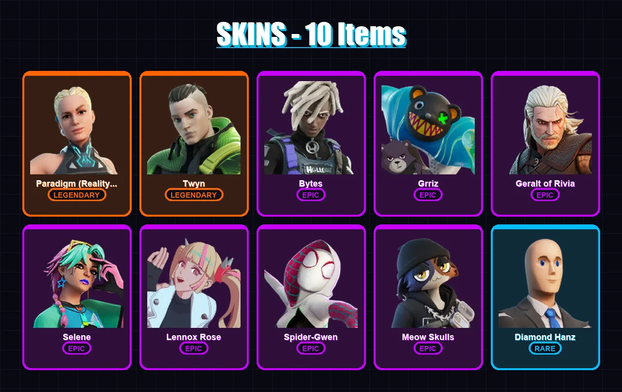 [PC/XBOX/PSN] | Paradigm (Reality-659) | Twyn | Bytes | Grriz | Geralt of Rivia | 10 skin | 21 pickaxe | 19 emote | 18 glider | Lv243 — Game account