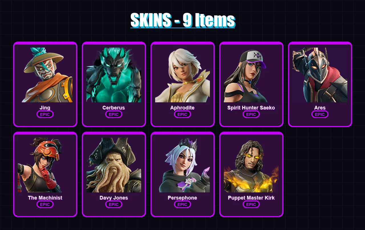 [PC/PSN] | Jing | Cerberus | Aphrodite | Spirit Hunter Saeko | Ares | 9 skin | 12 pickaxe | 6 emote | 6 glider | Lv68