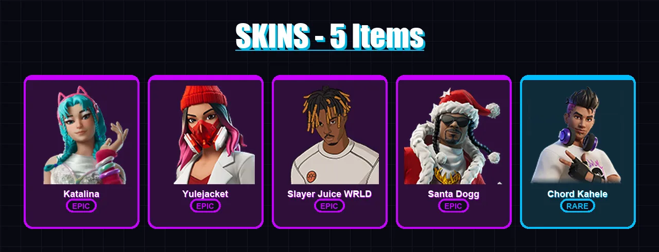 [PC/PSN] | Katalina | Yulejacket | Slayer Juice WRLD | Santa Dogg | Chord Kahele | 5 skin | 16 pickaxe | 8 emote | 10 glider | Lv157