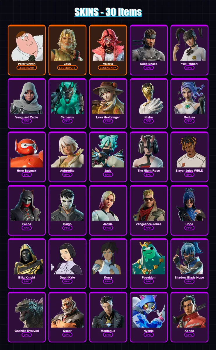 [PS4/PS5/XBOX/PC] | Peter Griffin | Zeus | Valeria | Solid Snake | Yuki Yubari | 30 skin | 92 pickaxe | 57 emote | 70 glider | Lv1225