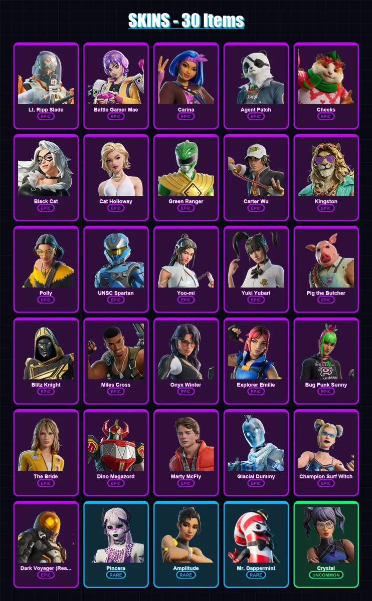 [PC/PSN] | Lt. Ripp Slade | Battle Gamer Mae | Carina | Agent Patch | Cheeks | 30 skin | 72 pickaxe | 34 emote | 47 glider | Lv1027