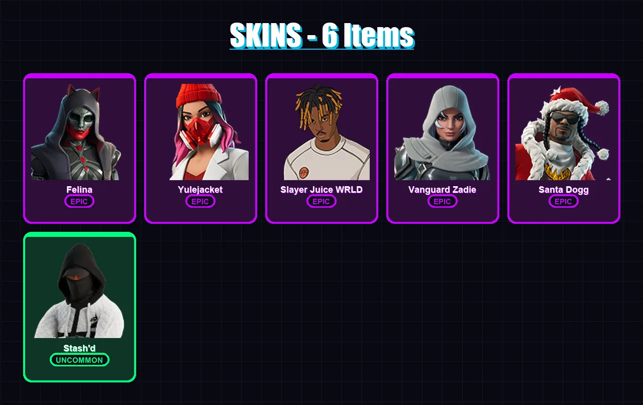 [PC/XBOX/PSN] | Felina | Yulejacket | Slayer Juice WRLD | Vanguard Zadie | Santa Dogg | 6 skin | 71 pickaxe | 37 emote | 47 glider | Lv1150