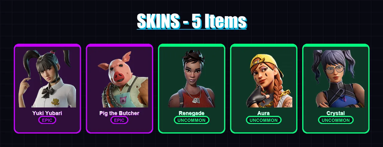[PC/XBOX/PSN] | Yuki Yubari | Pig the Butcher | Renegade | Aura | Crystal | 5 skin | 21 pickaxe | 11 emote | 16 glider | Lv210