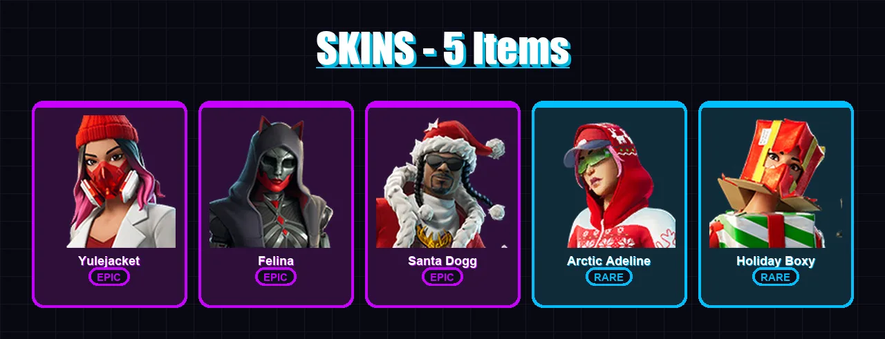 [PC/XBOX/PSN] | Yulejacket | Felina | Santa Dogg | Arctic Adeline | Holiday Boxy | 5 skin | 26 pickaxe | 10 emote | 24 glider | Lv243
