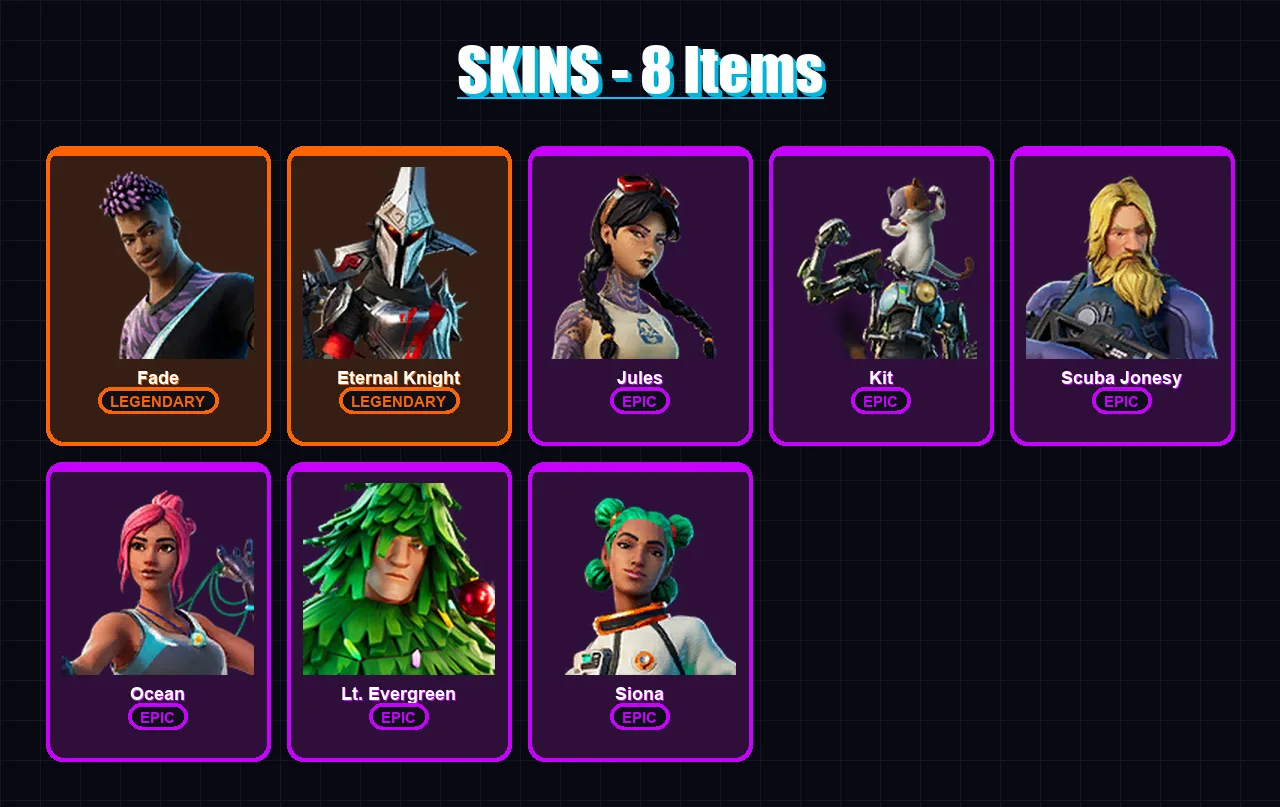 [SWITCH/XBOX/PSN/PC] | Fade | Eternal Knight | Jules | Kit | Scuba Jonesy | 8 skin | 17 pickaxe | 24 emote | 21 glider | Lv674