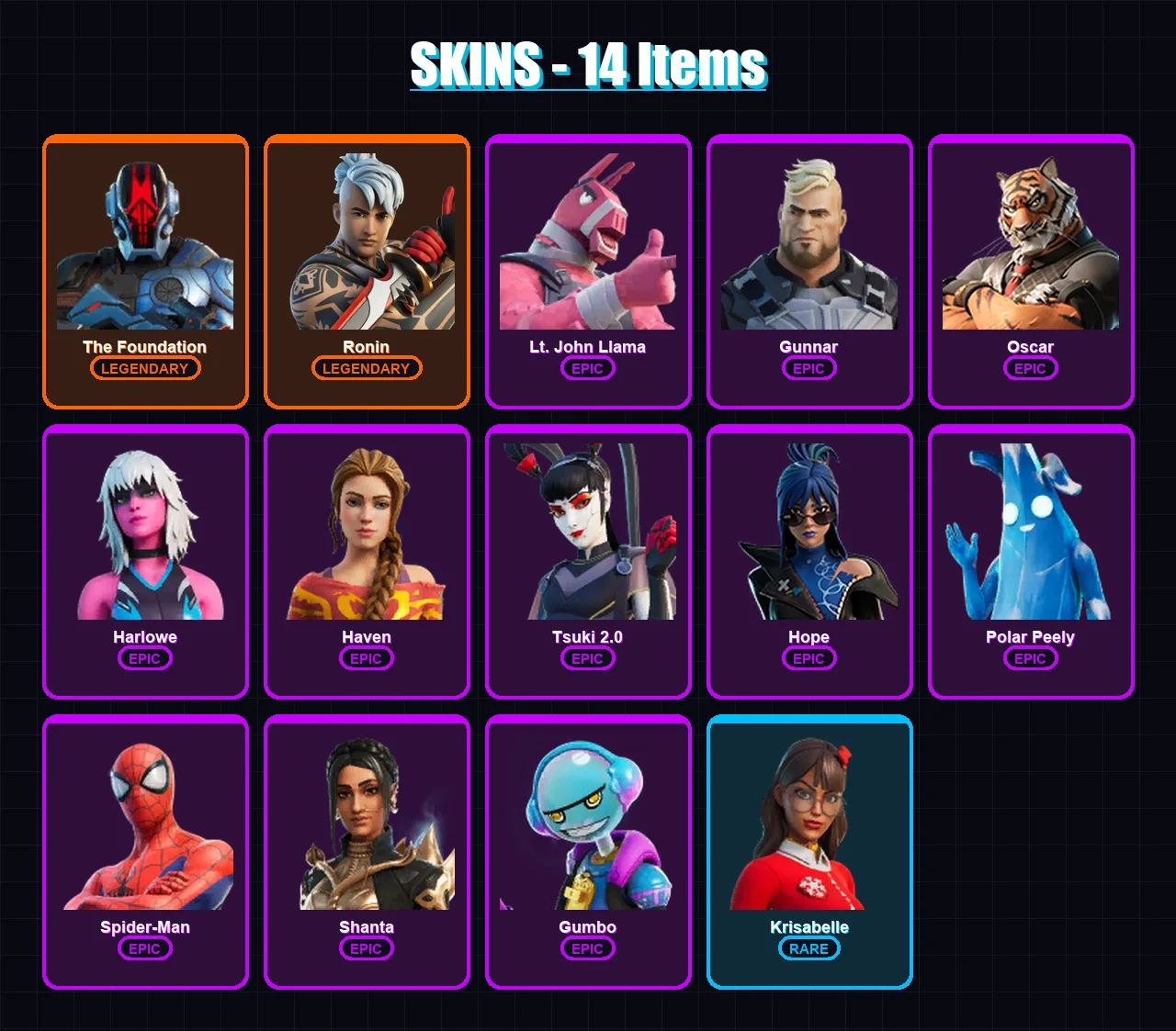 [PS4/PS5/XBOX/PC] | The Foundation | Ronin | Lt. John Llama | Gunnar | Oscar | 14 skin | 20 pickaxe | 20 emote | 30 glider | Lv571 — Fortnite account