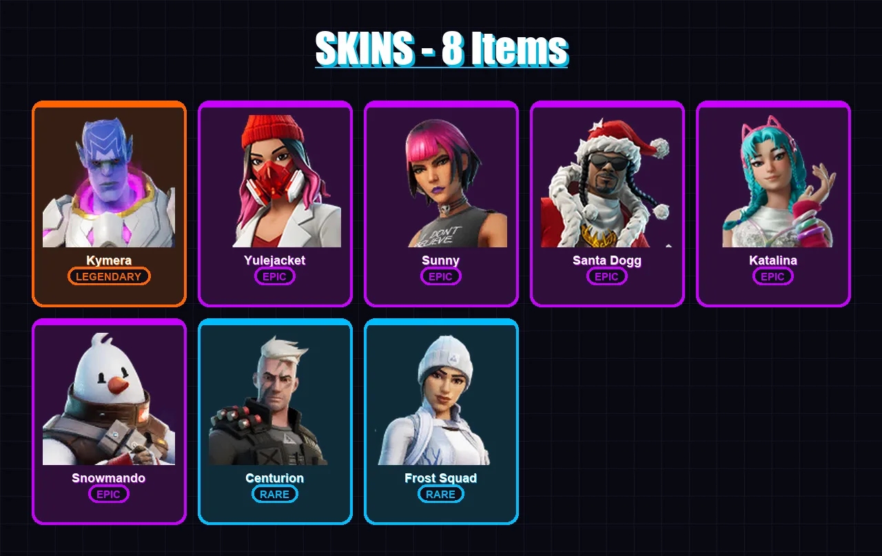 [PC/XBOX] | Kymera | Yulejacket | Sunny | Santa Dogg | Katalina | 8 skin | 39 pickaxe | 17 emote | 34 glider | Lv423