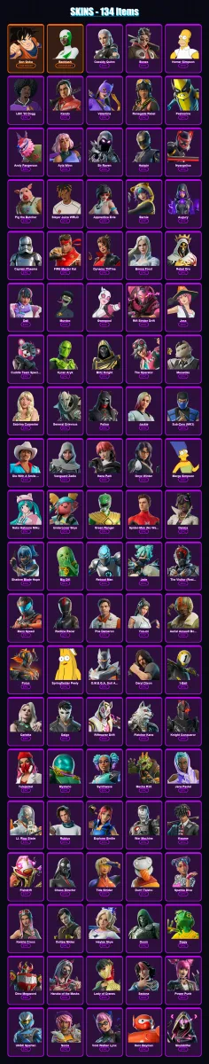 [PC] | Son Goku | Backlash | Cassidy Quinn | Bones | Homer Simpson | 134 skin | 167 pickaxe | 132 emote | 91 glider | Lv1292 — Fortnite account
