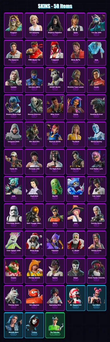 [PC/PSN] | Kingston | Cat Holloway | Emperor Palpatine | Sparx | Yon Dar 3000 | 58 skin | 89 pickaxe | 58 emote | 57 glider | Lv1616