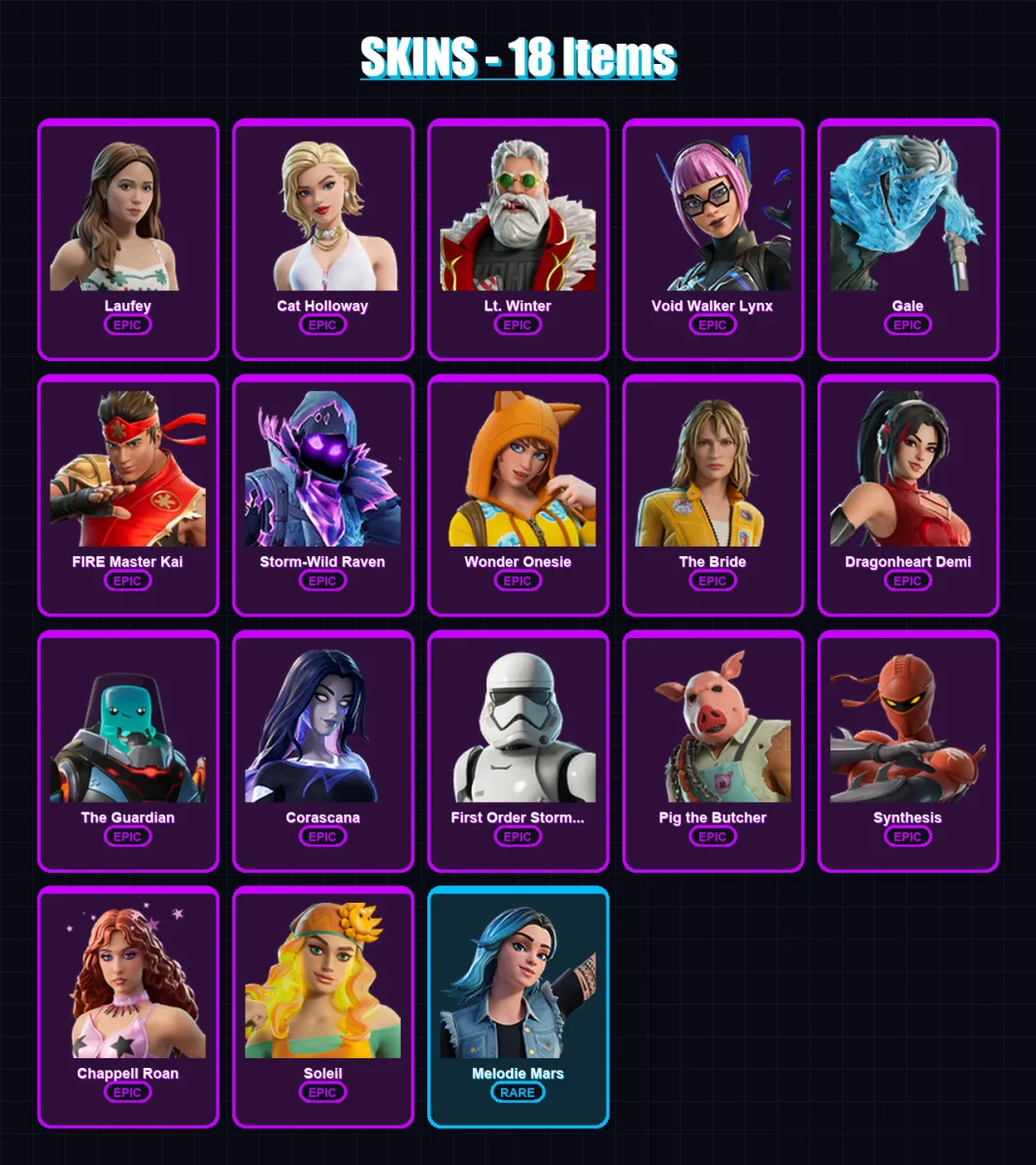 [PC/PSN] | Laufey | Cat Holloway | Lt. Winter | Void Walker Lynx | Gale | 18 skin | 36 pickaxe | 23 emote | 28 glider | Lv216
