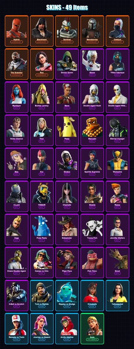 [PC/XBOX/PSN] | Hybrid | Blackheart | Sentinel | Mandalorian | Catalyst | 49 skin | 56 pickaxe | 63 emote | 60 glider | Lv937