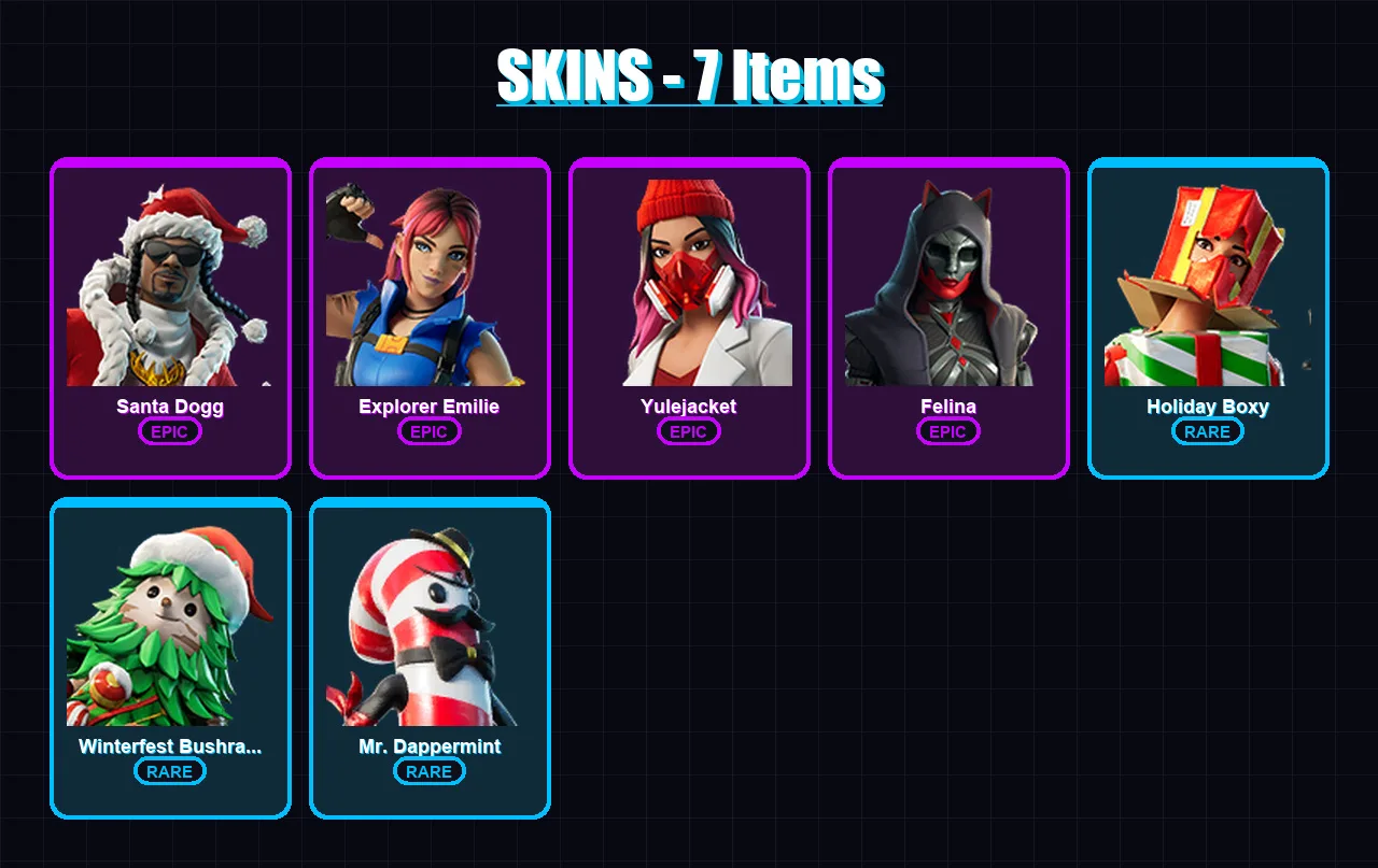 [PC/XBOX/PSN] | Santa Dogg | Explorer Emilie | Yulejacket | Felina | Holiday Boxy | 7 skin | 43 pickaxe | 13 emote | 25 glider | Lv324